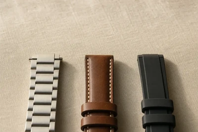 Bracelete de aço, pulseira de couro marrom e pulseira de borracha preta lado a lado sobre linho