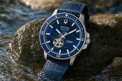 Bulova Marine Star sobre pedra molhada com gotas de água no cristal e no bisel