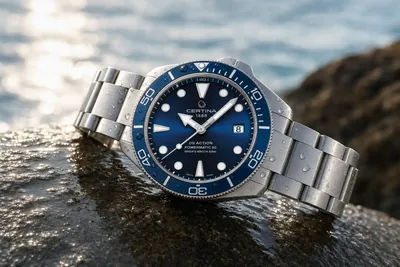 Certina DS Action Diver de 38 mm com bisel de cerâmica, sobre pedra molhada