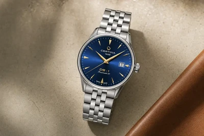 Certina DS-1 de mostrador azul sobre pedra clara, com a pulseira de aço à mostra