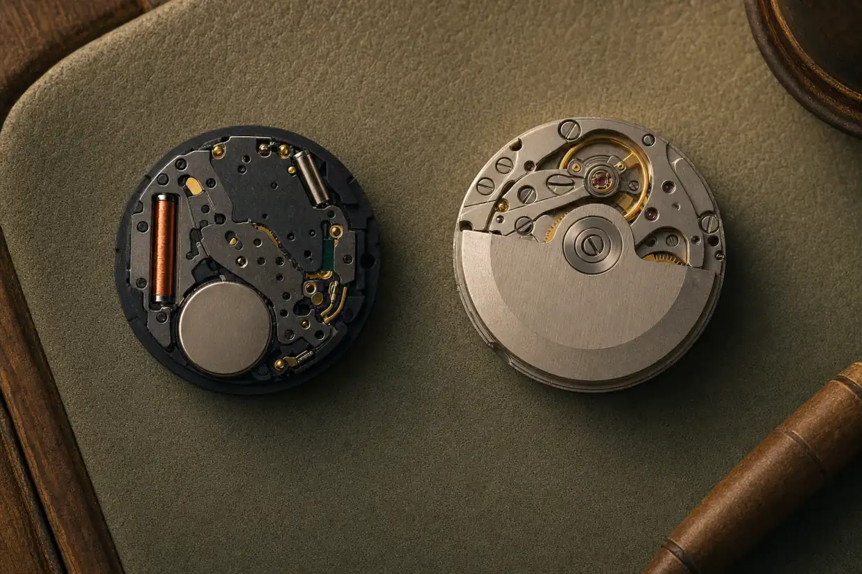 Sem rotor e sem mola. É mais fino, mais preciso e mais barato, e não tem máquina.