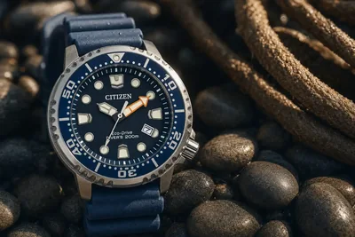 Citizen Promaster Diver de mostrador azul e bisel giratório meio submerso em água clara
