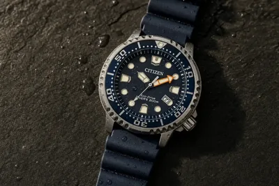 Citizen Promaster Diver de mostrador escuro e bisel giratório sobre pedra molhada