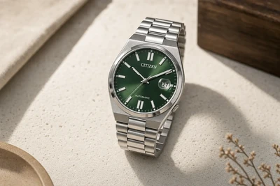 Citizen Tsuyosa de mostrador verde sobre pedra clara, com a pulseira integrada à vista