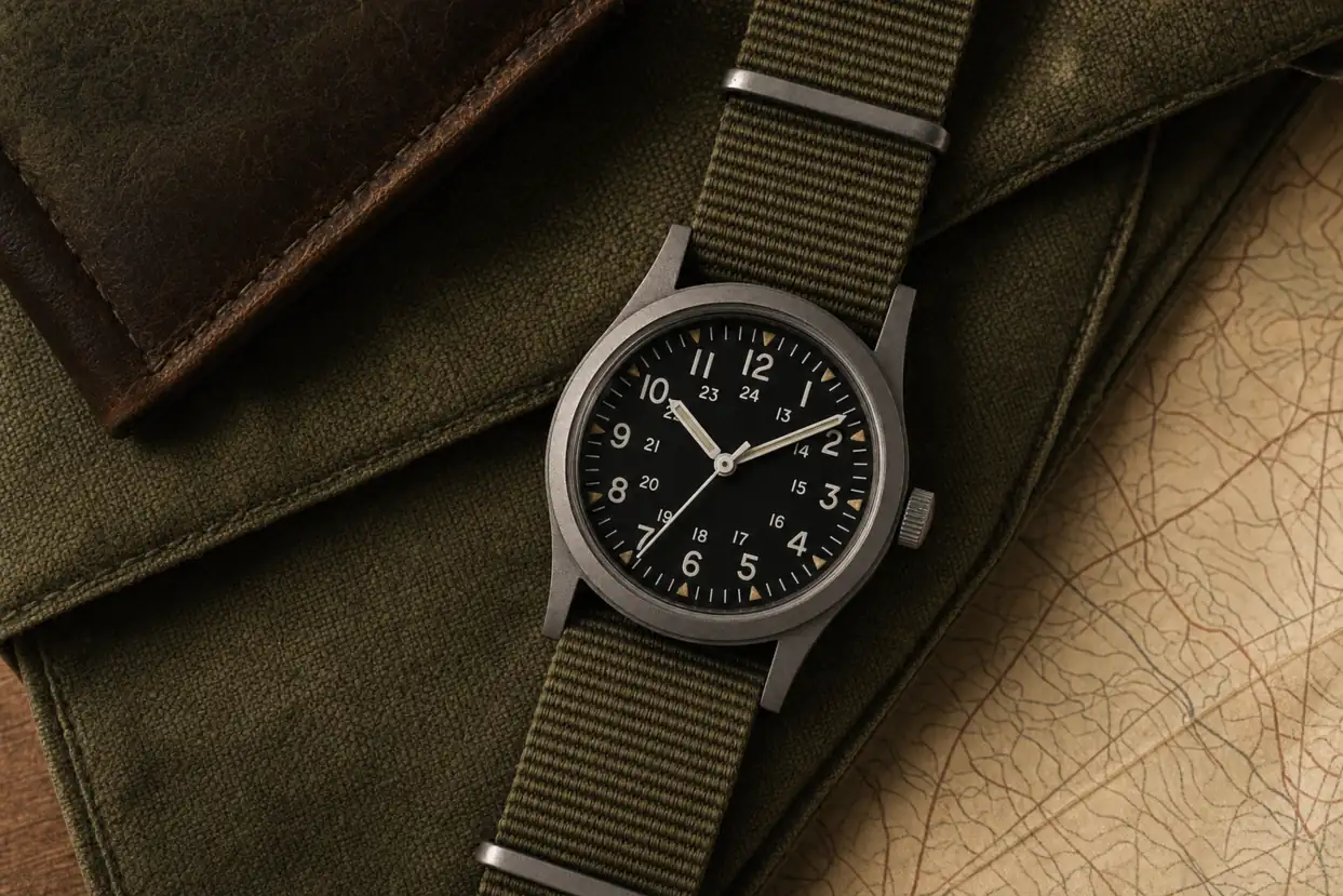 Relógio militar de campo de 36 mm com caixa fosca sobre lona oliva e mapa antigo