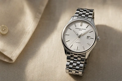 Frederique Constant Classics de mostrador prata e pulseira de couro sobre linho claro