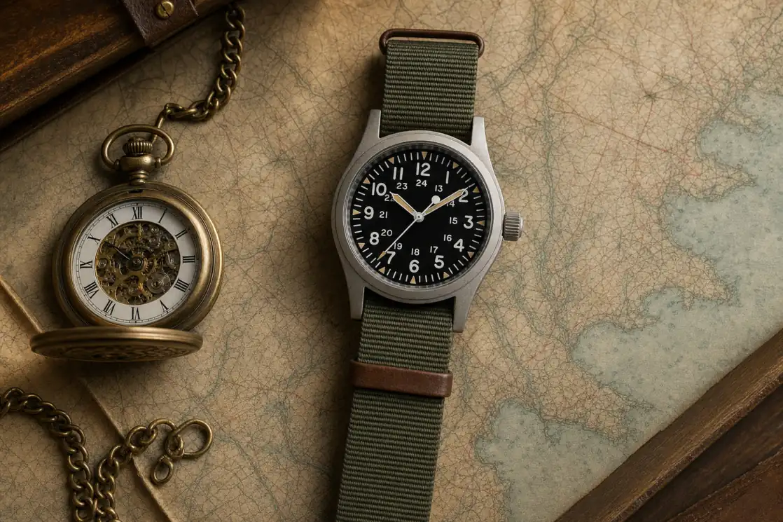 Hamilton Khaki Field sobre um mapa antigo, ao lado de um relógio de bolso ferroviário