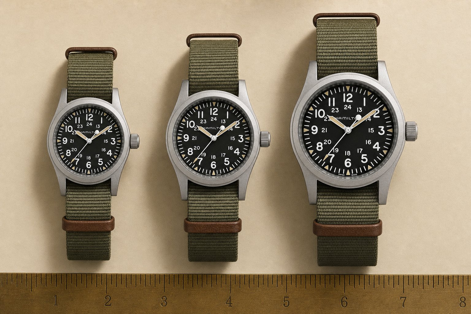 Três tamanhos do Hamilton Khaki Field lado a lado sobre papel creme com régua