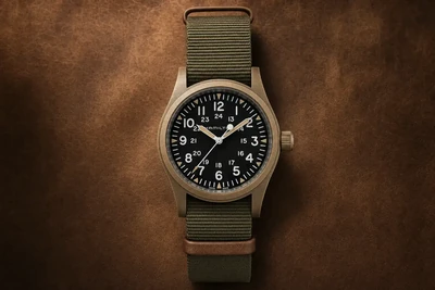 Hamilton Khaki Field de caixa de bronze escurecida sobre couro marrom envelhecido