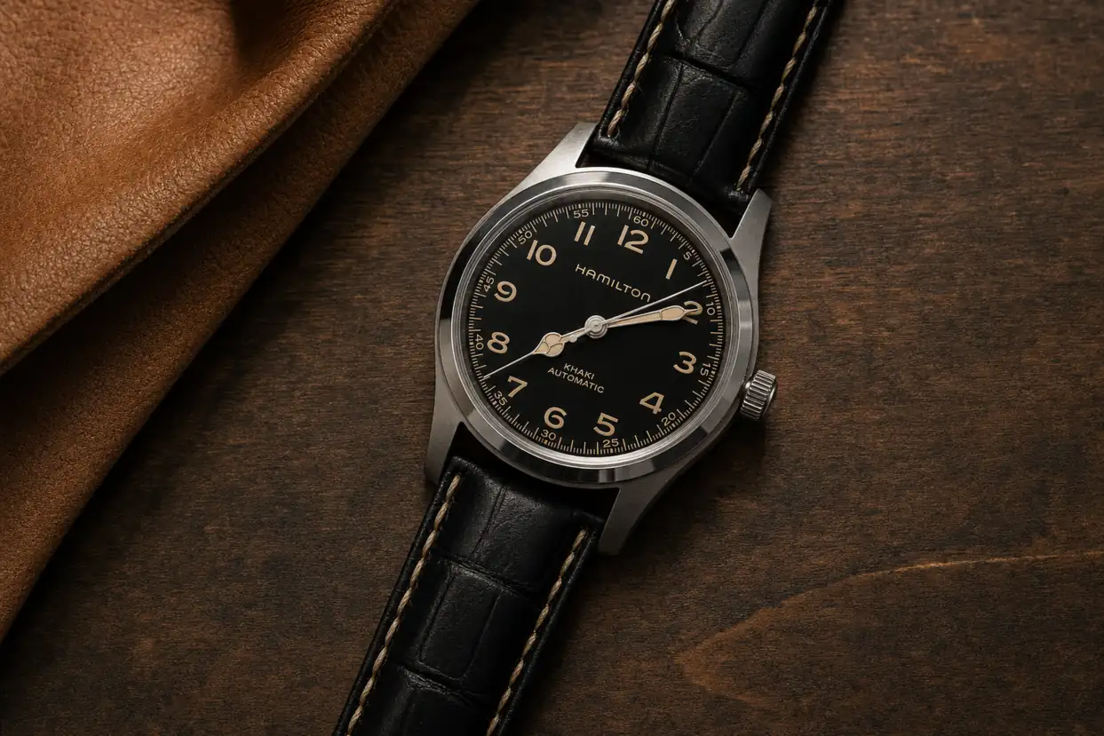 Hamilton Khaki Field Murph de 42 mm sobre nogueira, com o ponteiro dos segundos em foco