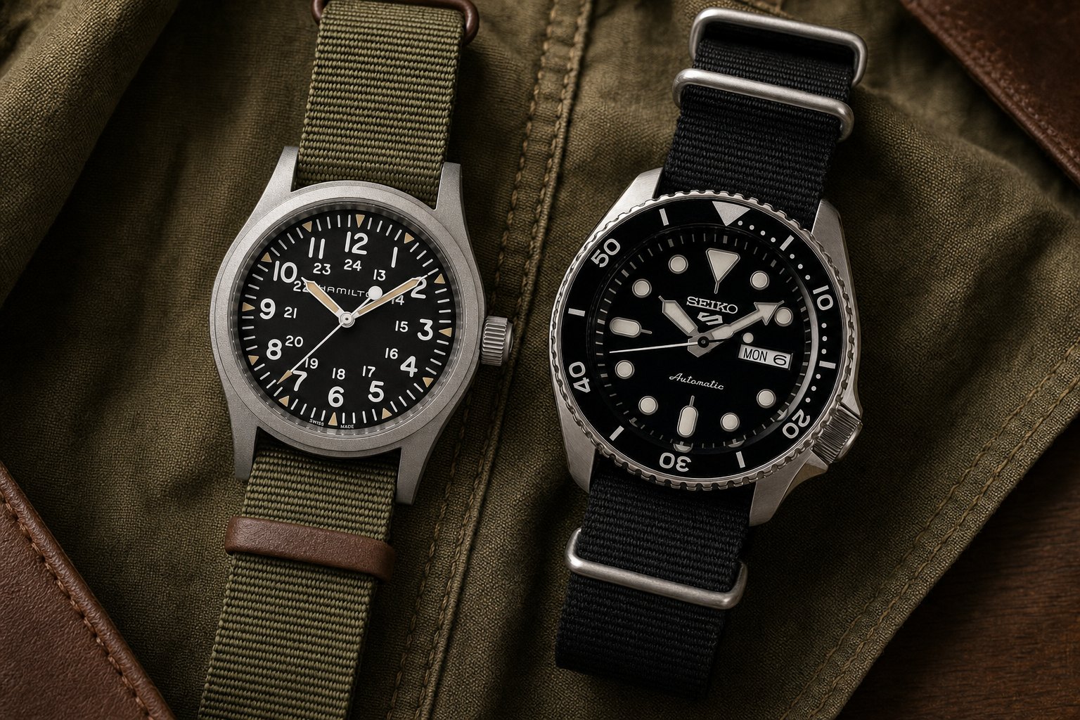 Hamilton Khaki Field e Seiko 5 Sports lado a lado sobre lona oliva