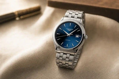 Longines Flagship de mostrador azul e bracelete de aço sobre linho claro