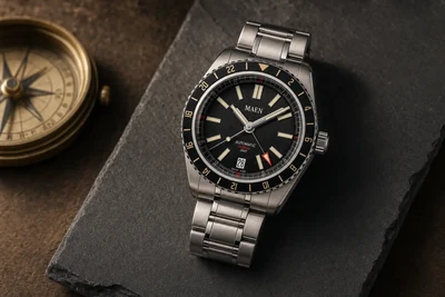Maen Hudson 38 GMT de mostrador preto e bisel de 24 horas sobre pedra escura