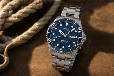 Mido Ocean Star de mostrador azul e bisel de cerâmica meio submerso em água clara