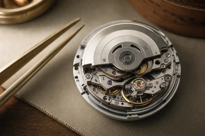 Movimento automático japonês aberto sobre bancada de relojoeiro, com o rotor à vista