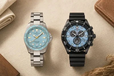 Certina DS Action de titânio e Citizen Eco-Drive, os dois de mostrador azul claro, lado a lado