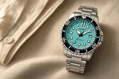 Citizen Urban Diver de mostrador azul Tiffany e bracelete de aço sobre linho claro