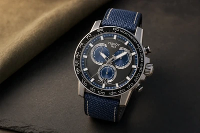 Cronógrafo Tissot de mostrador antracite e pulseira azul de tecido, com bisel de taquímetro