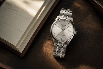 Tissot Classic Dream Powermatic 80 de mostrador prata parado sobre madeira escura
