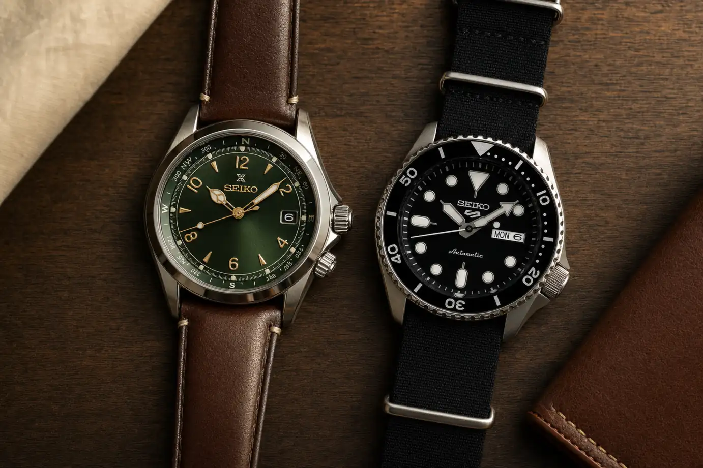 Seiko Alpinist de mostrador verde ao lado de um Seiko 5 Sports preto sobre madeira