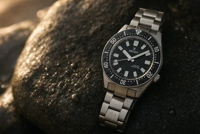 Seiko Prospex de mergulho com bisel preto sobre pedra molhada, gotas na caixa