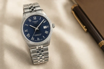 Tissot Ballade de mostrador azul guilhochê e bracelete de aço sobre linho claro