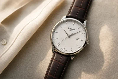 Tissot Tradition de mostrador prata e pulseira de couro marrom sobre linho claro