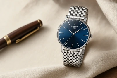 Tissot Everytime de mostrador azul e caixa fina sobre linho claro