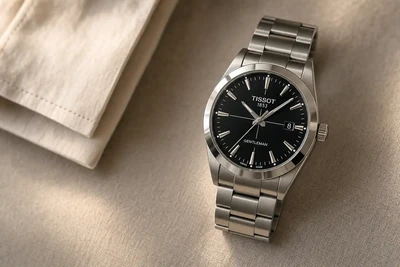 Tissot Gentleman de mostrador preto e bracelete de aço sobre linho claro