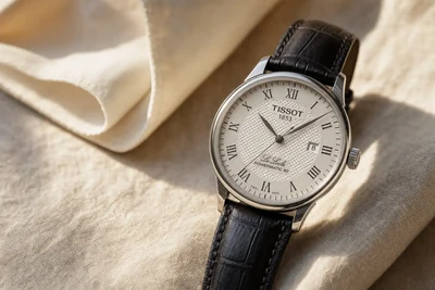 Tissot Le Locle de mostrador prata guilhochado e pulseira de couro sobre linho claro