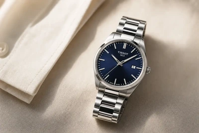 Tissot PR 100 de mostrador azul e bracelete de aço sobre pedra clara