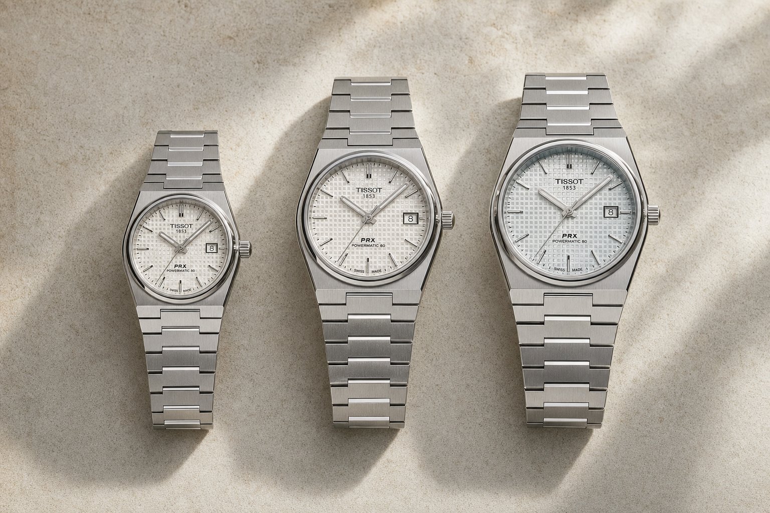 Tissot PRX em três tamanhos alinhados sobre superfície clara