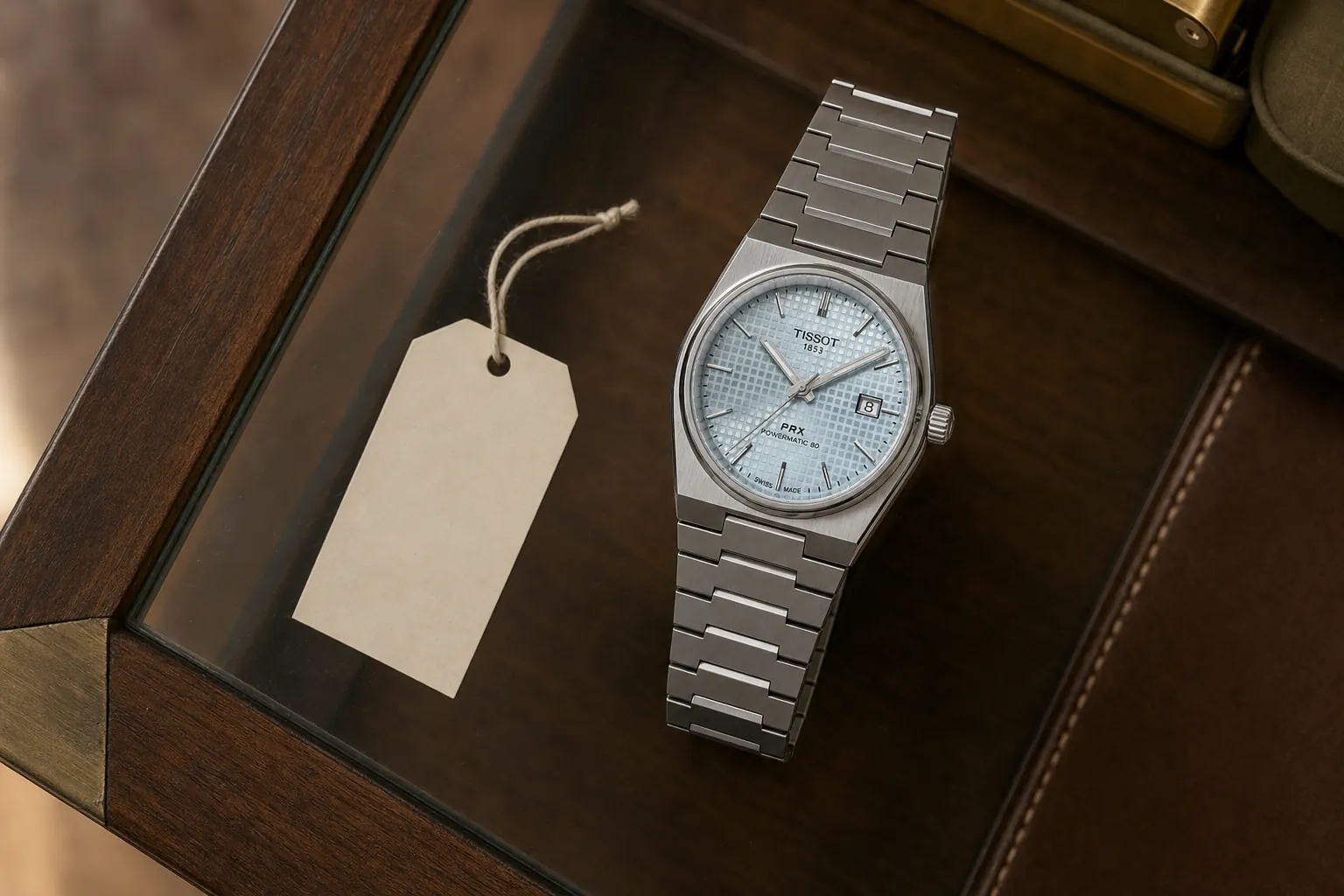 Tissot PRX sobre um balcão com uma etiqueta de preço virada para baixo
