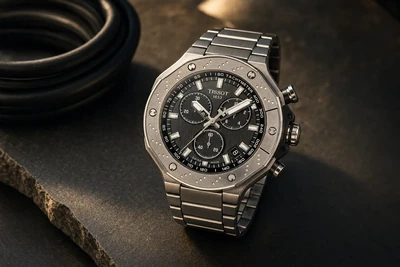Tissot T-Race cronógrafo de mostrador antracite e caixa angular de aço sobre ardósia