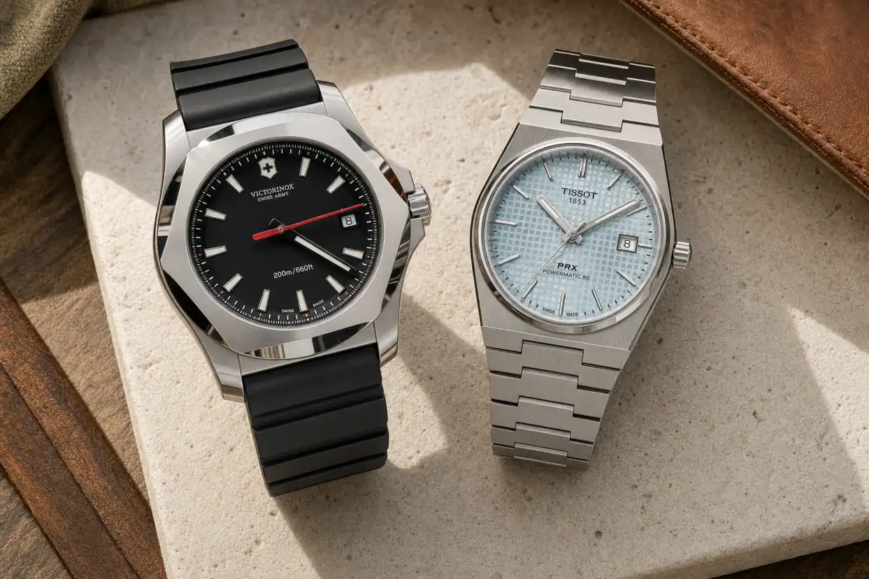 Victorinox I.N.O.X. e Tissot PRX lado a lado sobre pedra clara