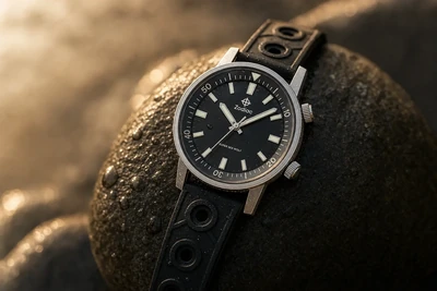 Zodiac Super Sea Wolf de mostrador preto e bisel interno sobre pedra molhada