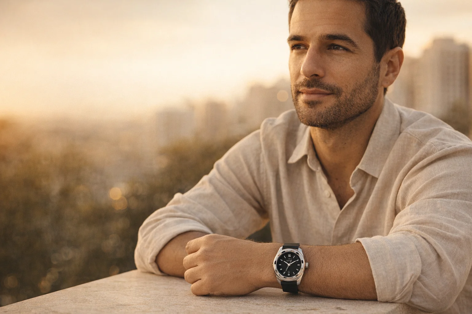 Homem usando o Victorinox Concept One Solar ao entardecer